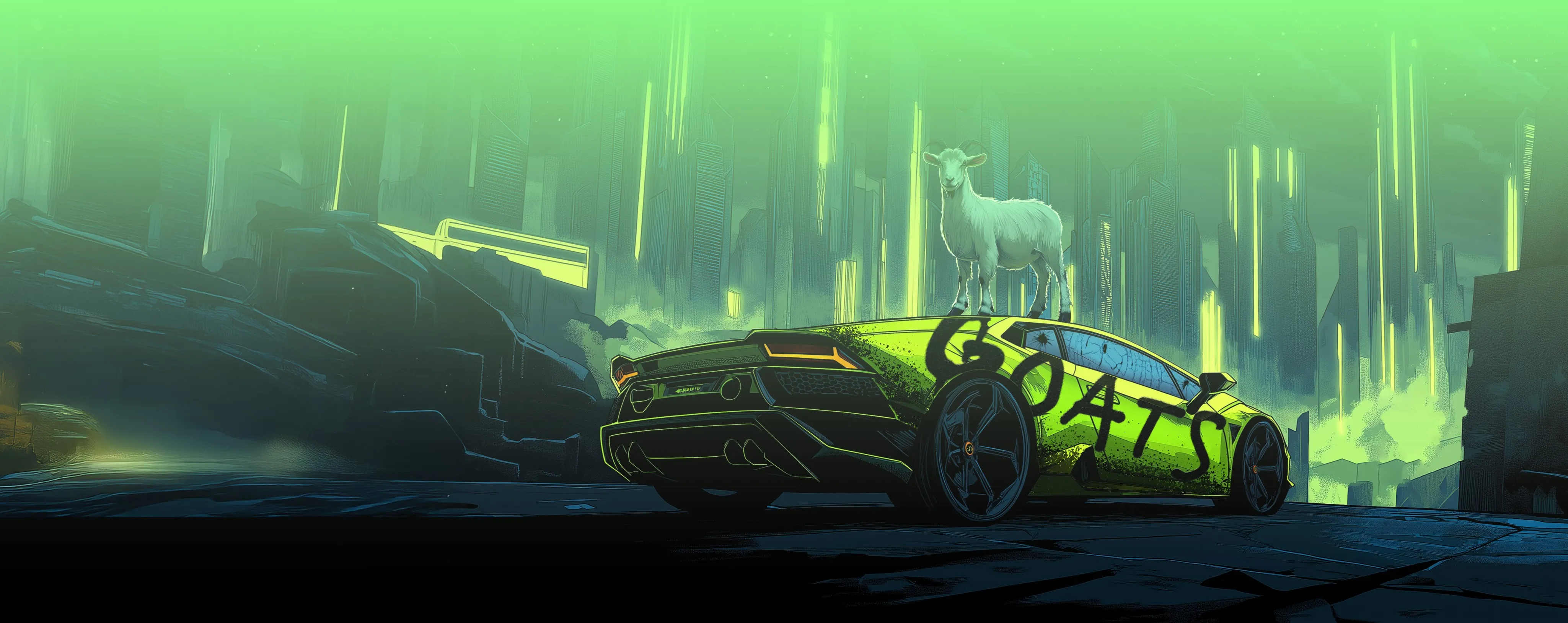 GOATS car with a goat on the roof in a neon city